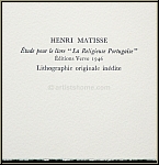 Henri Matisse: tude pour  La Religieuse Portugaise  Lithographie originale indite, ralise en 1946, Mourl